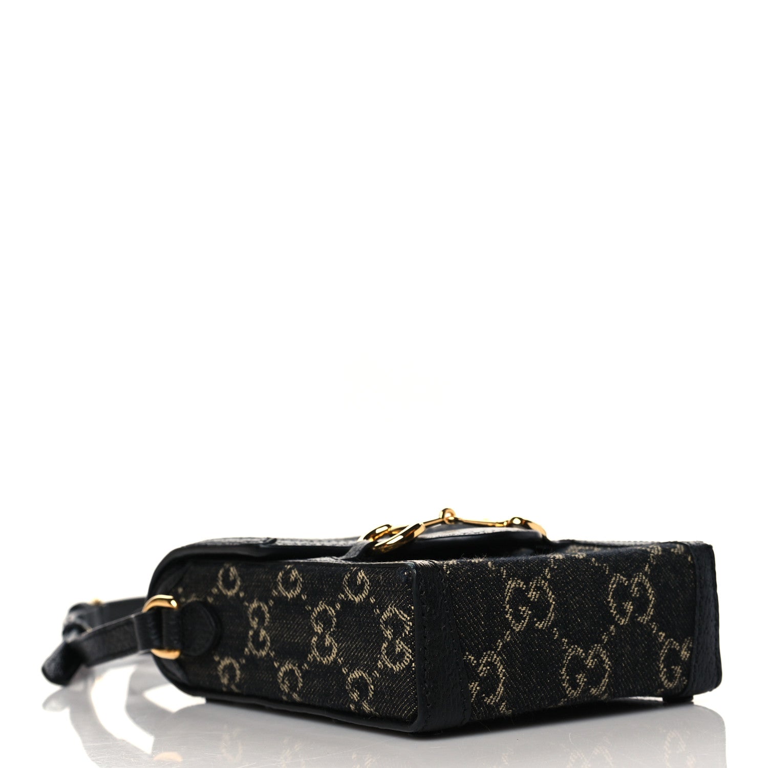 Gucci Jacquard Black Denim GG Monogram Textured Dollar Calfskin Mini Horsebit 1955 Crossbody Bag Black Ivory 4 of 11
