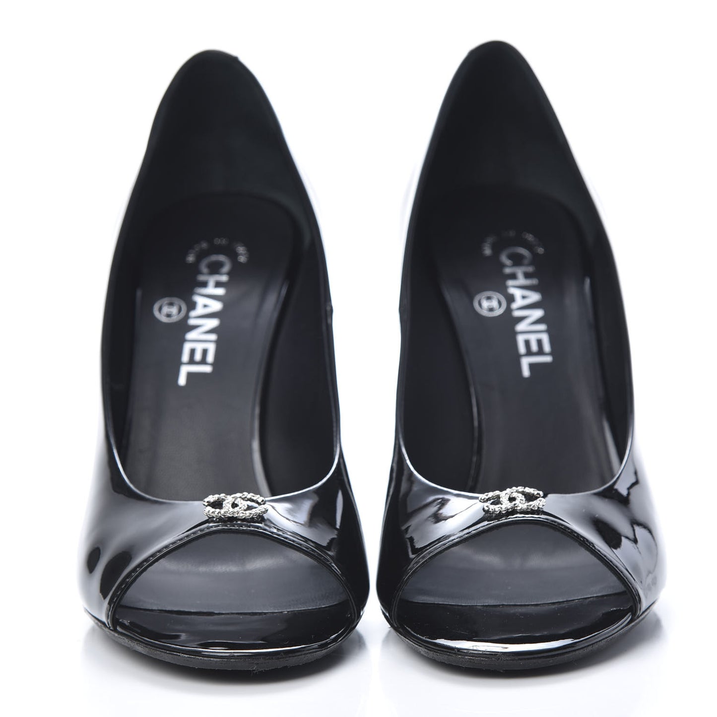Patent Calfskin Pearl CC Open Toe Pumps 39 Black
