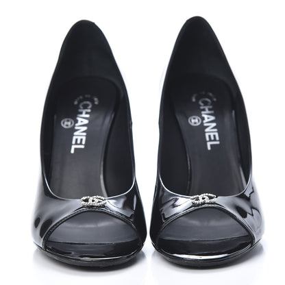 Chanel Patent Calfskin Pearl CC Open Toe Pumps 39 Black 2 of 9