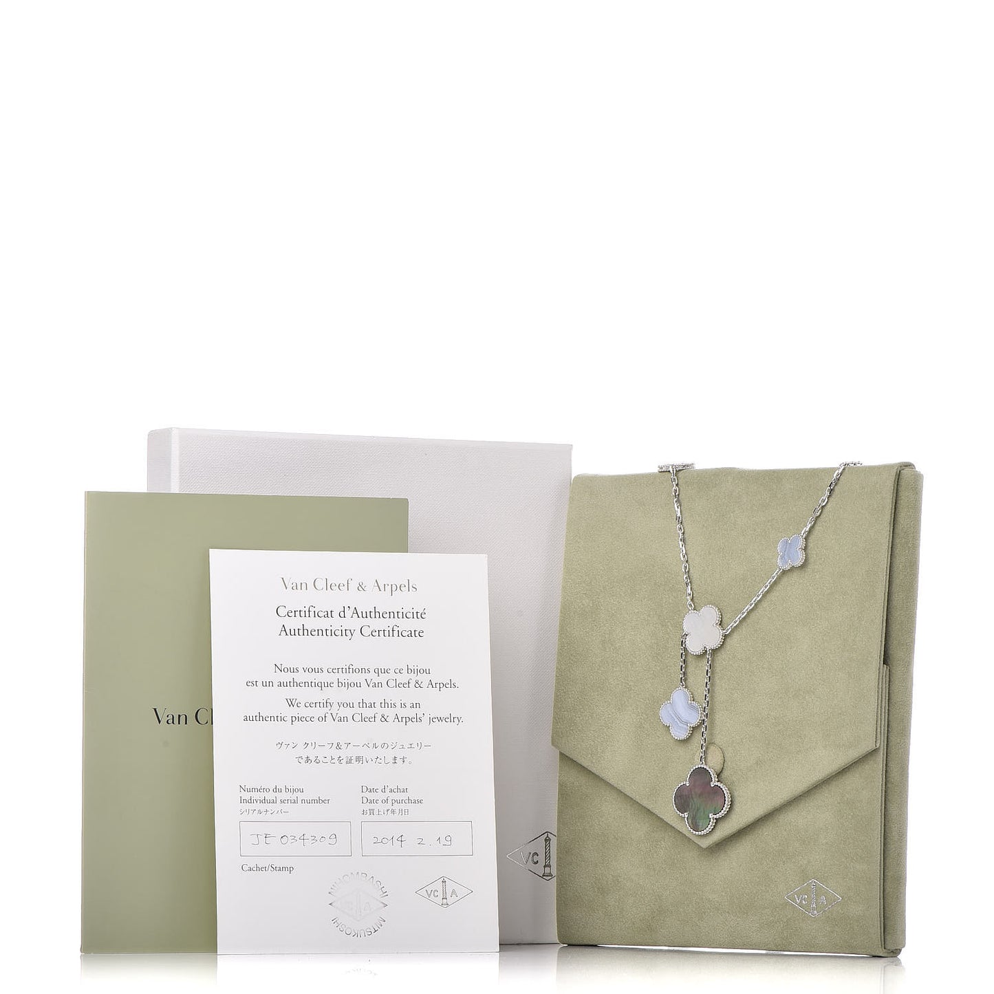 18K White Gold Mother of Pearl Chalcedony 6 Motifs Magic Alhambra Necklace
