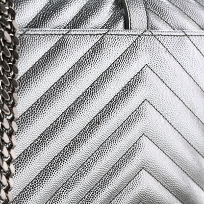 Saint Laurent Metallic Grain De Poudre Matelasse Chevron Medium Monogram Satchel Silver 12 of 14