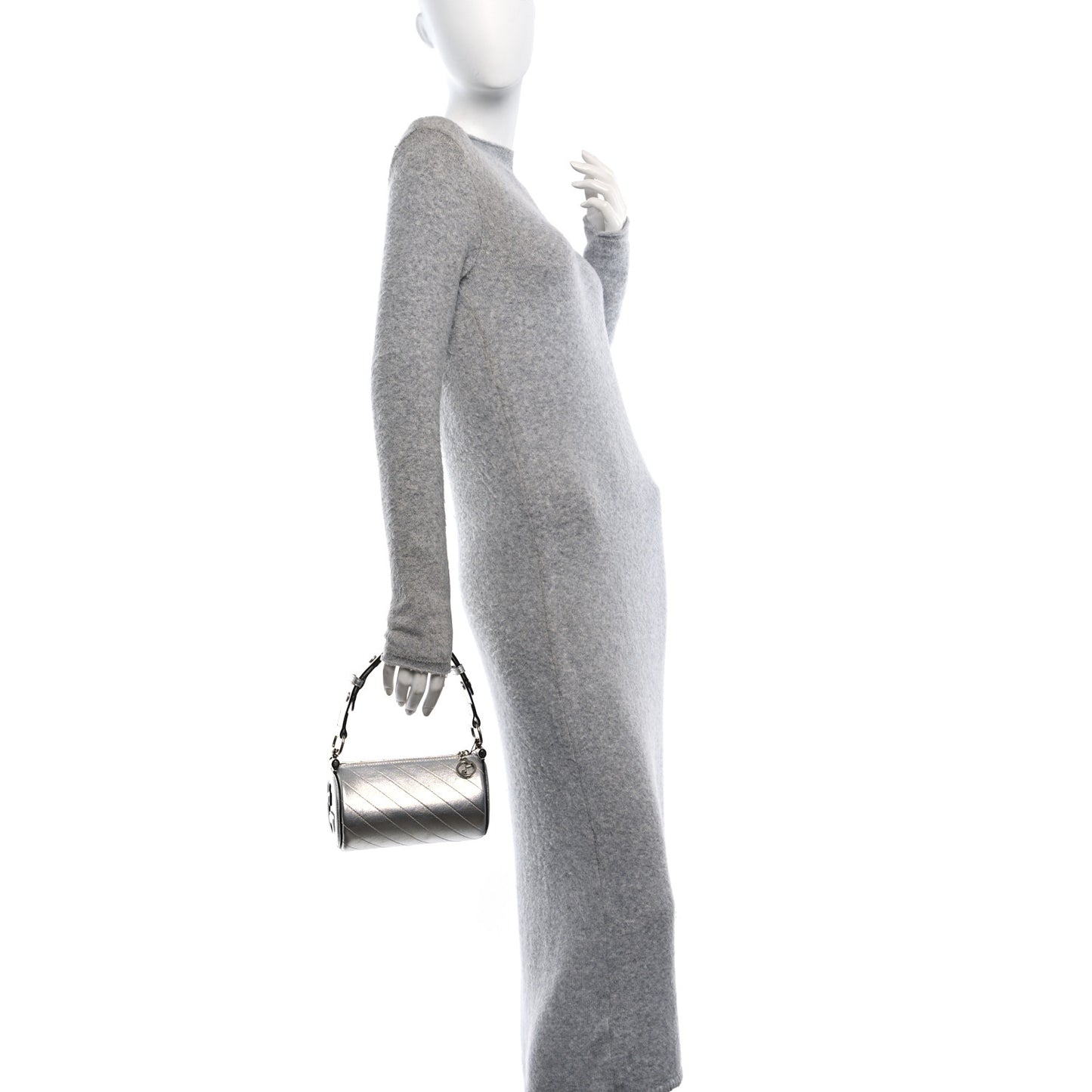 Sakai Be Green Calfskin Diagonal Stitched Mini Blondie Barrel Shoulder Bag Silver