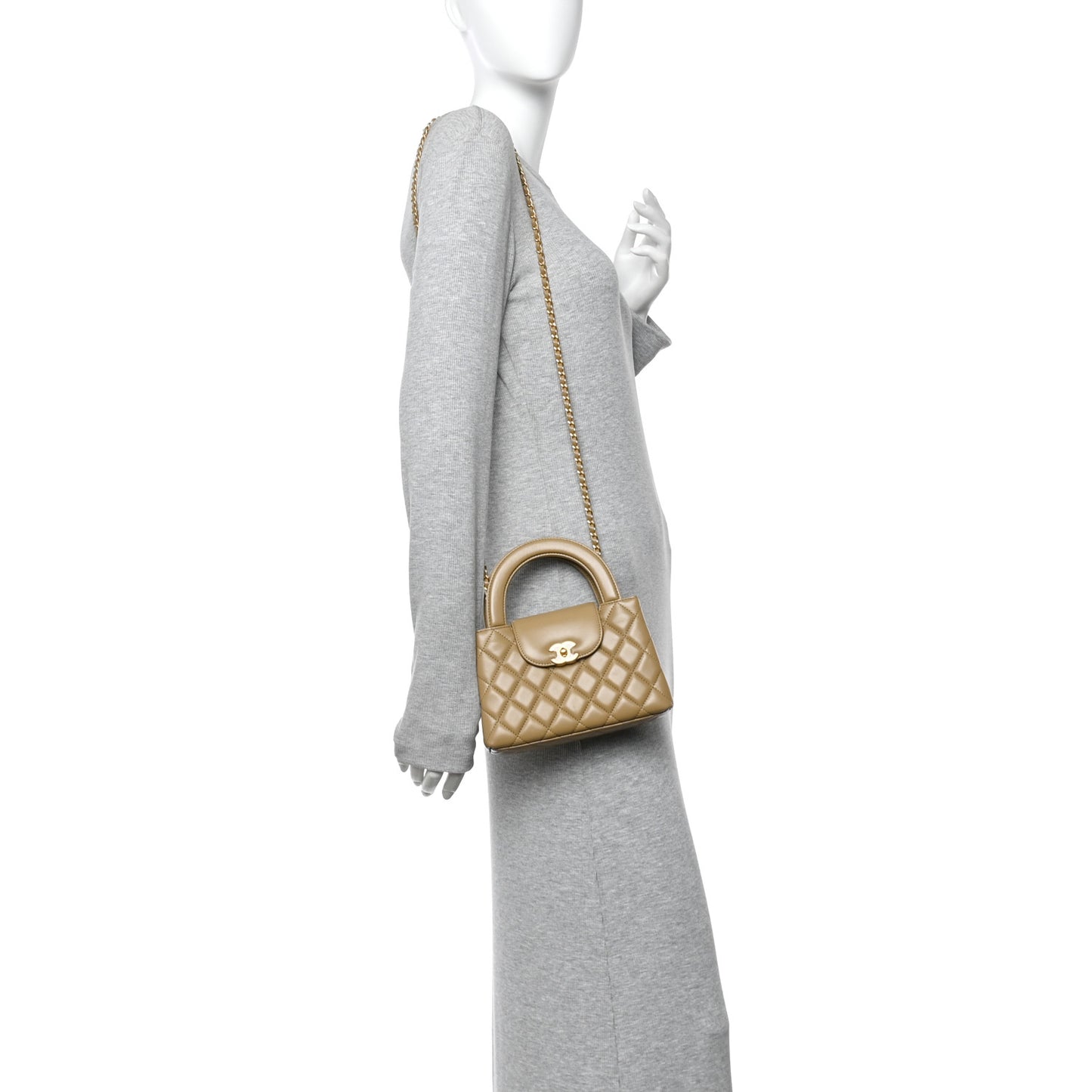 Shiny Aged Calfskin Quilted Nano Kelly Shopper Dark Beige