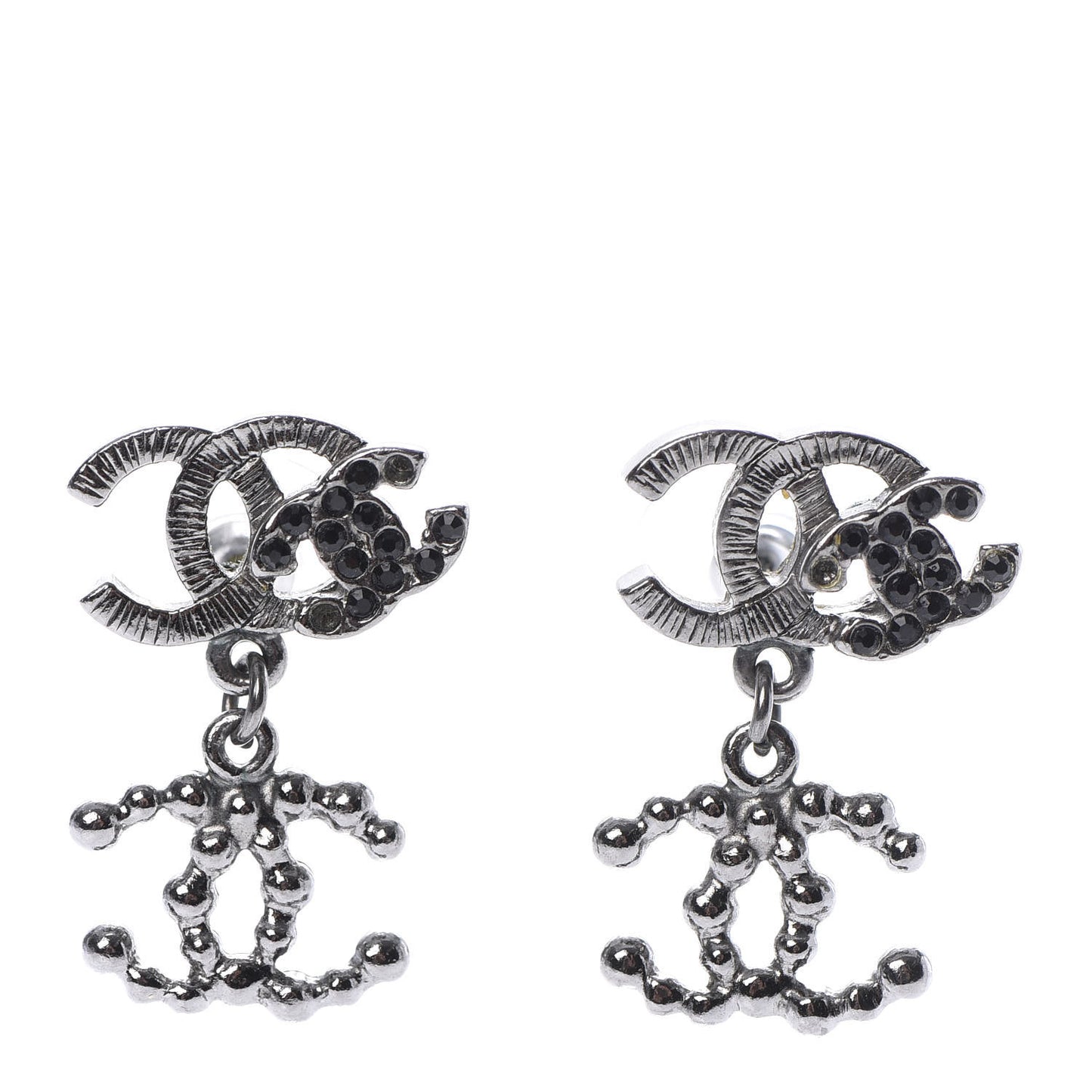 Metal Bead Crystal Double CC Drop Earrings Ruthenium