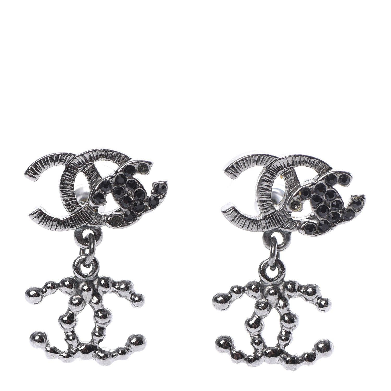 Chanel Metal Bead Crystal Double CC Drop Earrings Ruthenium 1 of 4
