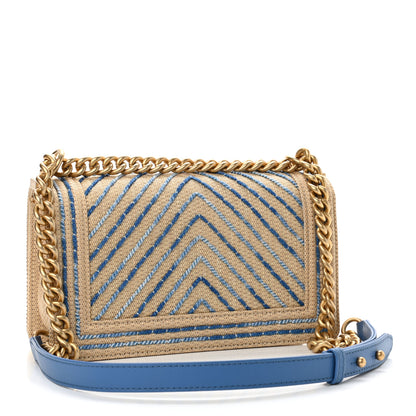 Chanel Cotton Canvas Calfskin Chevron Embroidered Medium Boy Flap Beige Blue 3 of 10