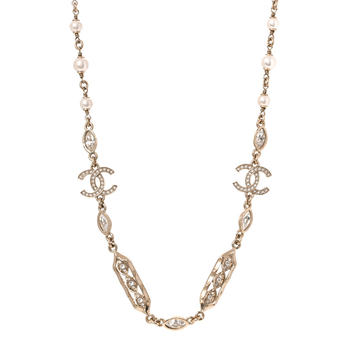 Chanel Crystal Pearl CC Long Necklace Gold Pearly White Multicolor 1 of 5