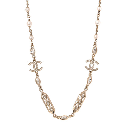 Chanel Crystal Pearl CC Long Necklace Gold Pearly White Multicolor 1 of 5