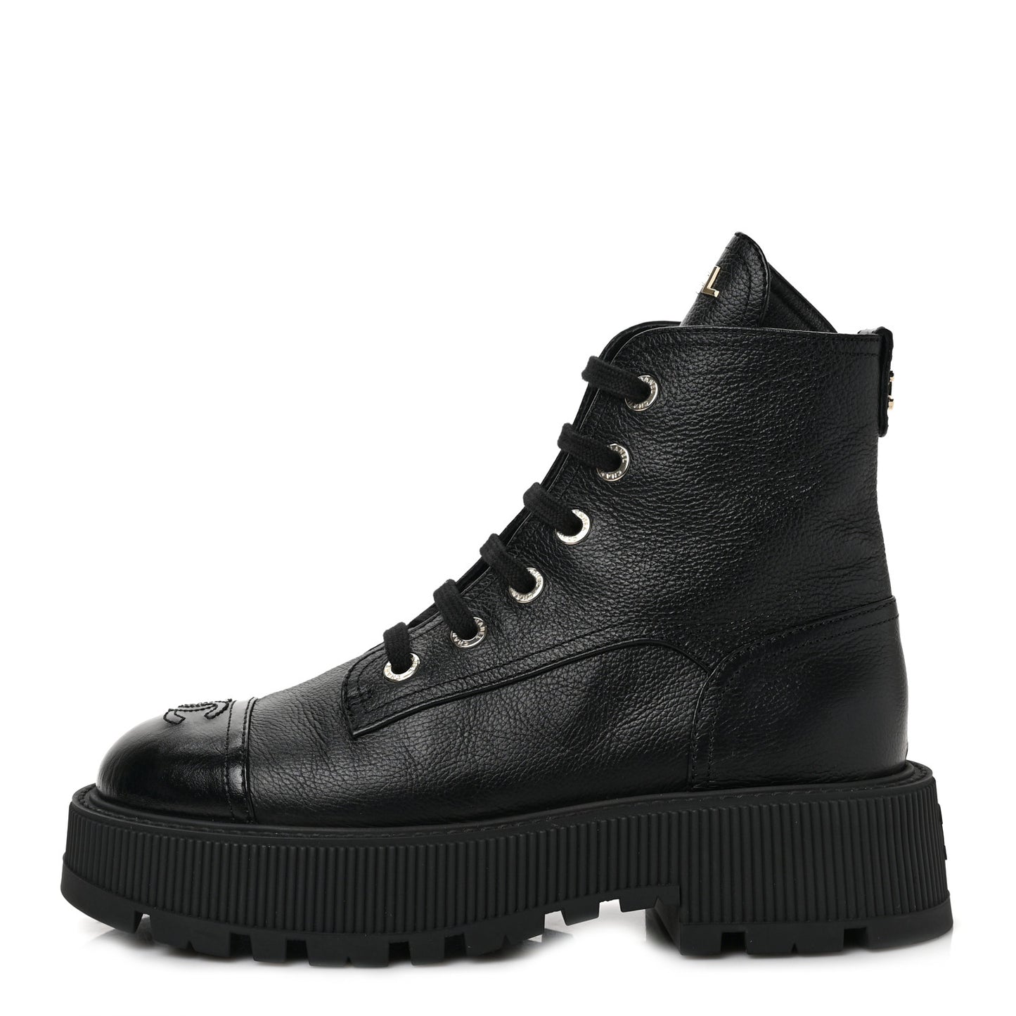 Calfskin CC Lace Up Combat Boots 38 Black