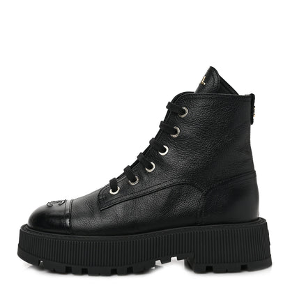 Chanel Calfskin CC Lace Up Combat Boots 38 Black 1 of 8