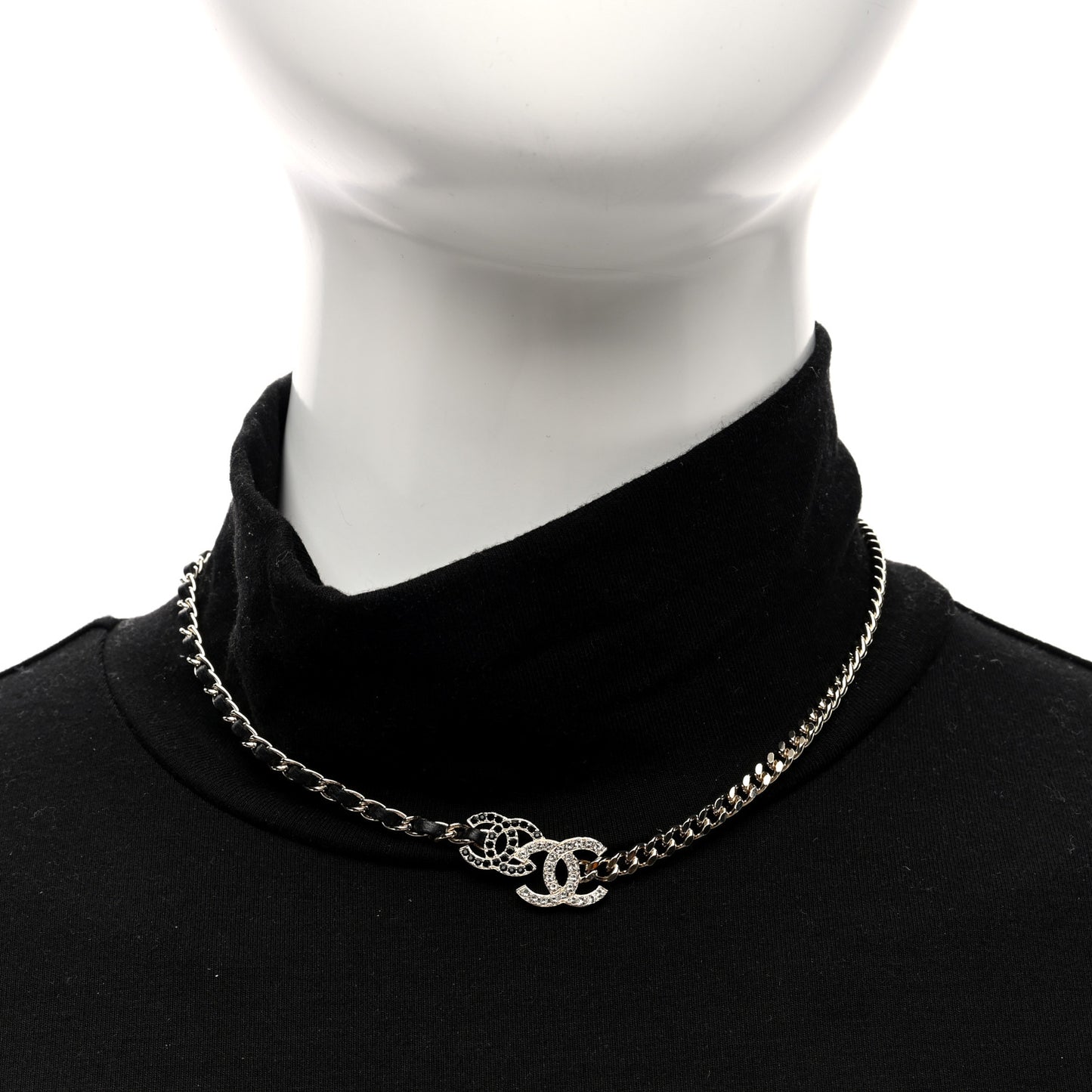 Metal Calfskin Crystal Double CC Short Necklace Black Gold