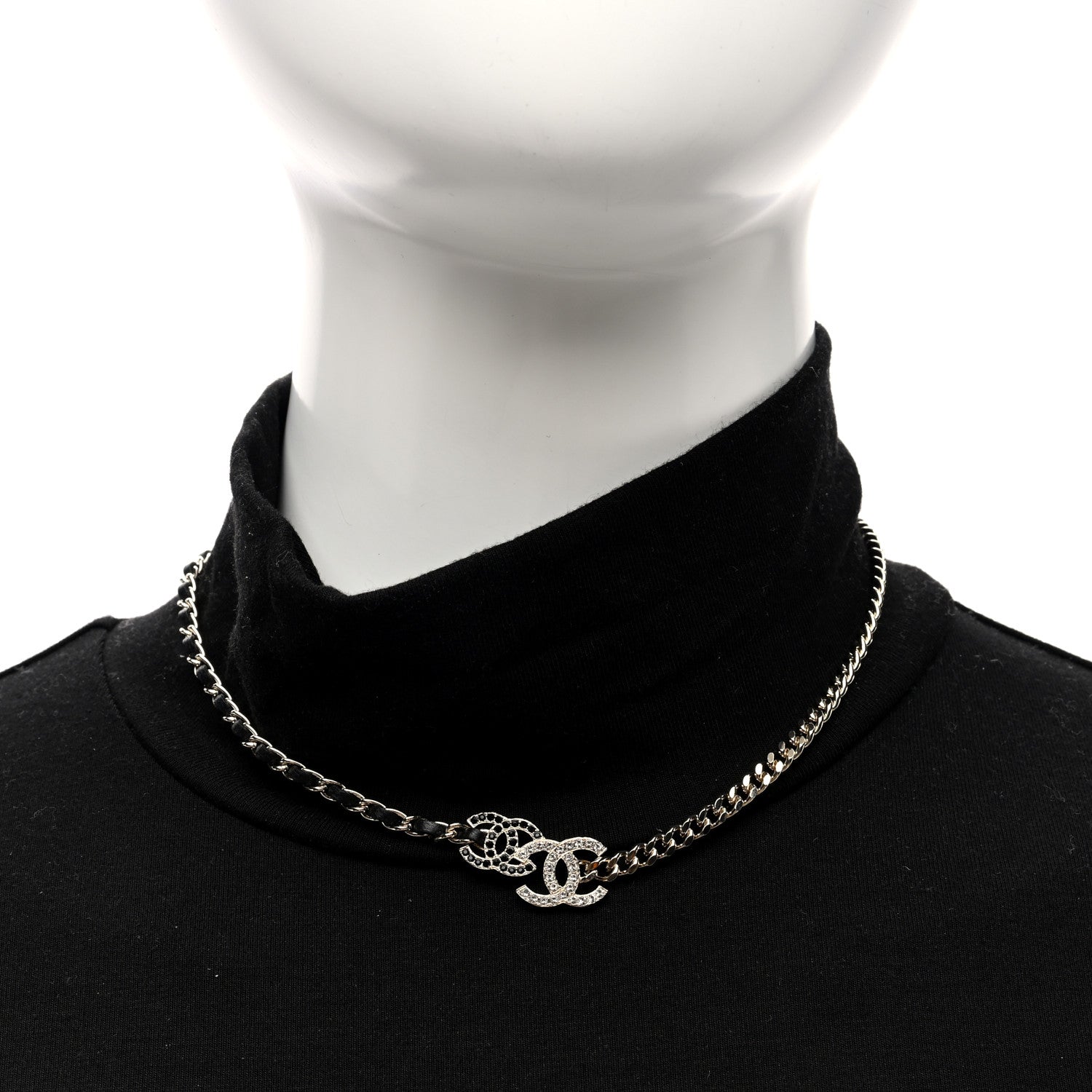 Chanel Metal Calfskin Crystal Double CC Short Necklace Black Gold 2 of 4