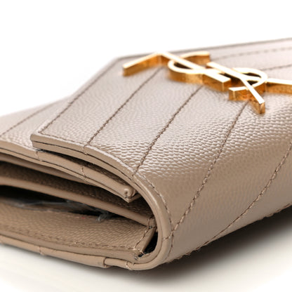 Saint Laurent Grain De Poudre Matelasse Chevron Monogram Compact Tri Fold Wallet Dark Beige 11 of 13