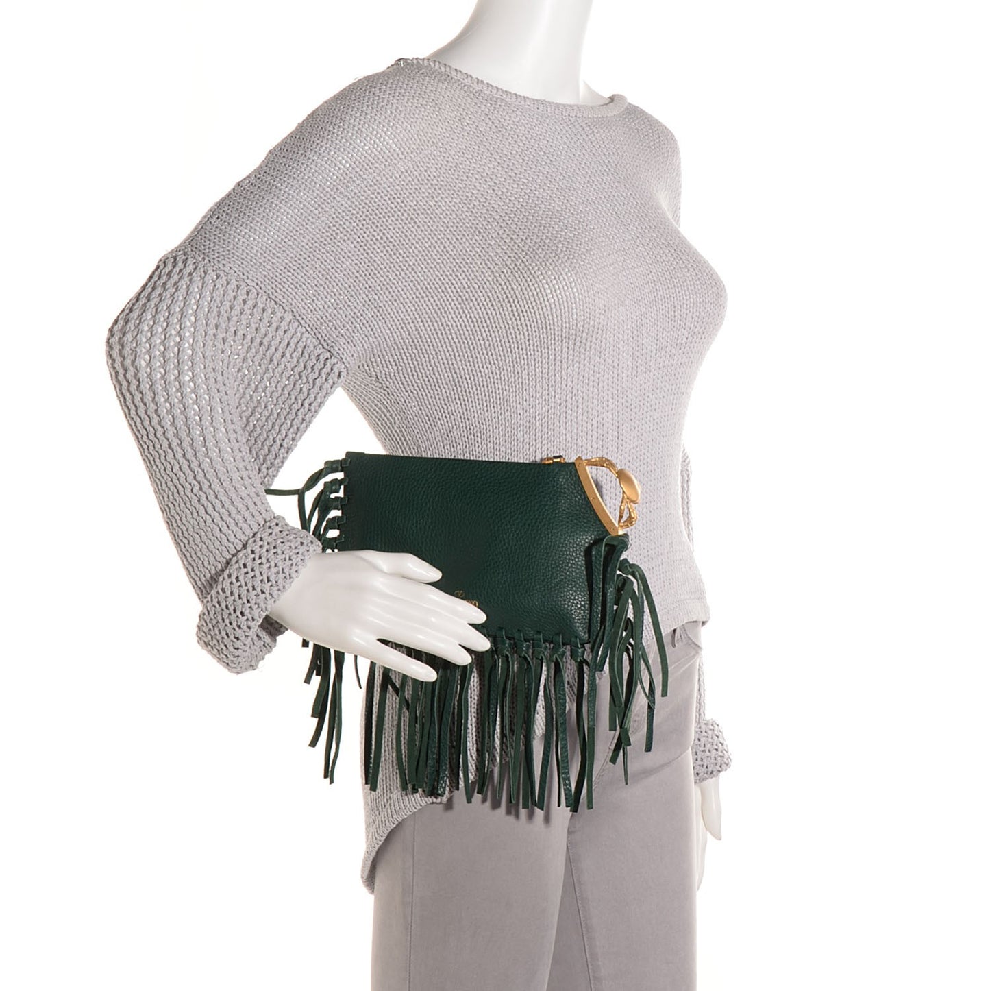 Pebbled Calfskin C-Rockee Zodiac Fringe Clutch Light Emerald