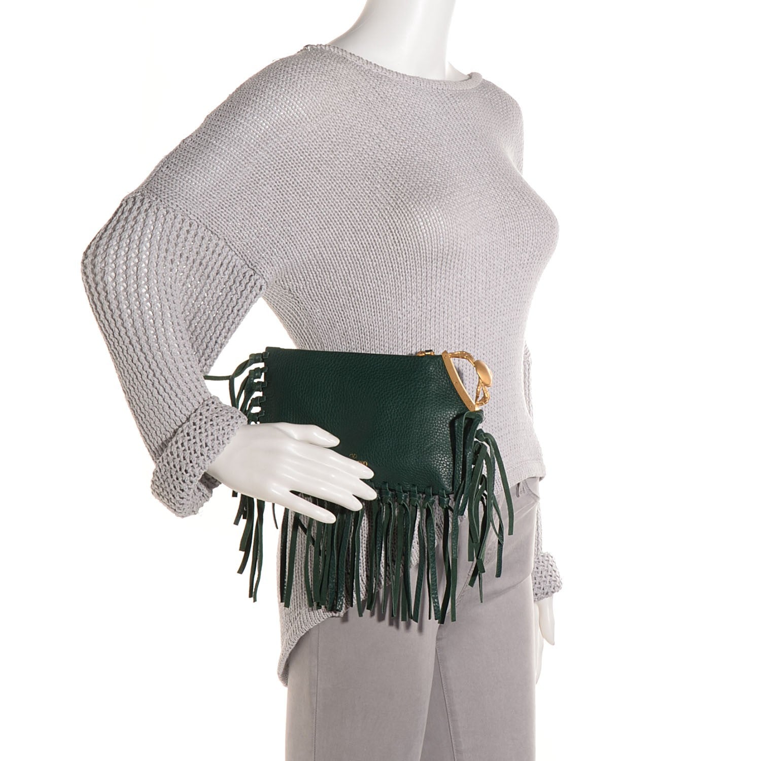 Valentino Garavani Pebbled Calfskin C-Rockee Zodiac Fringe Clutch Light Emerald 2 of 9