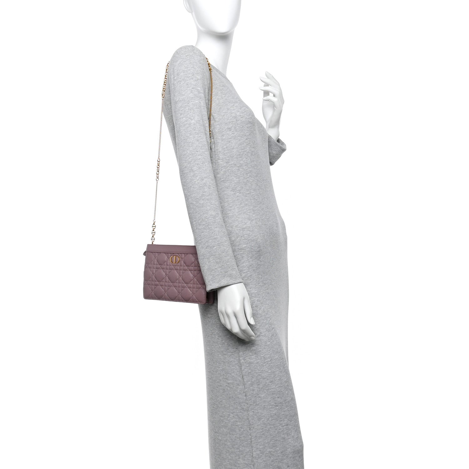 Christian Dior Calfskin Cannage Caro Zipped Pouch With Chain Peony Pink 2 of 12