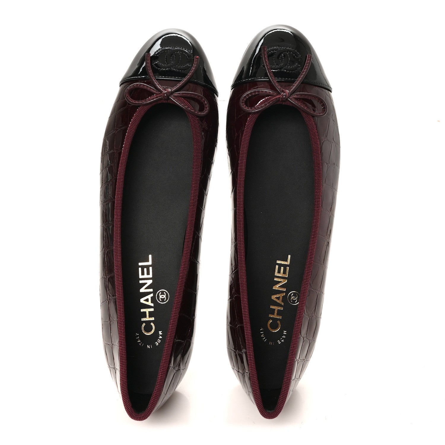 Chanel Crocodile Embossed Patent CC Cap Toe Ballerina Flats 40 Burgundy 2 of 9