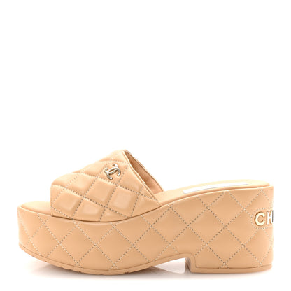 Chanel Lambskin Quilted CC Mules Wedge Sandals 39 Beige 1 of 10