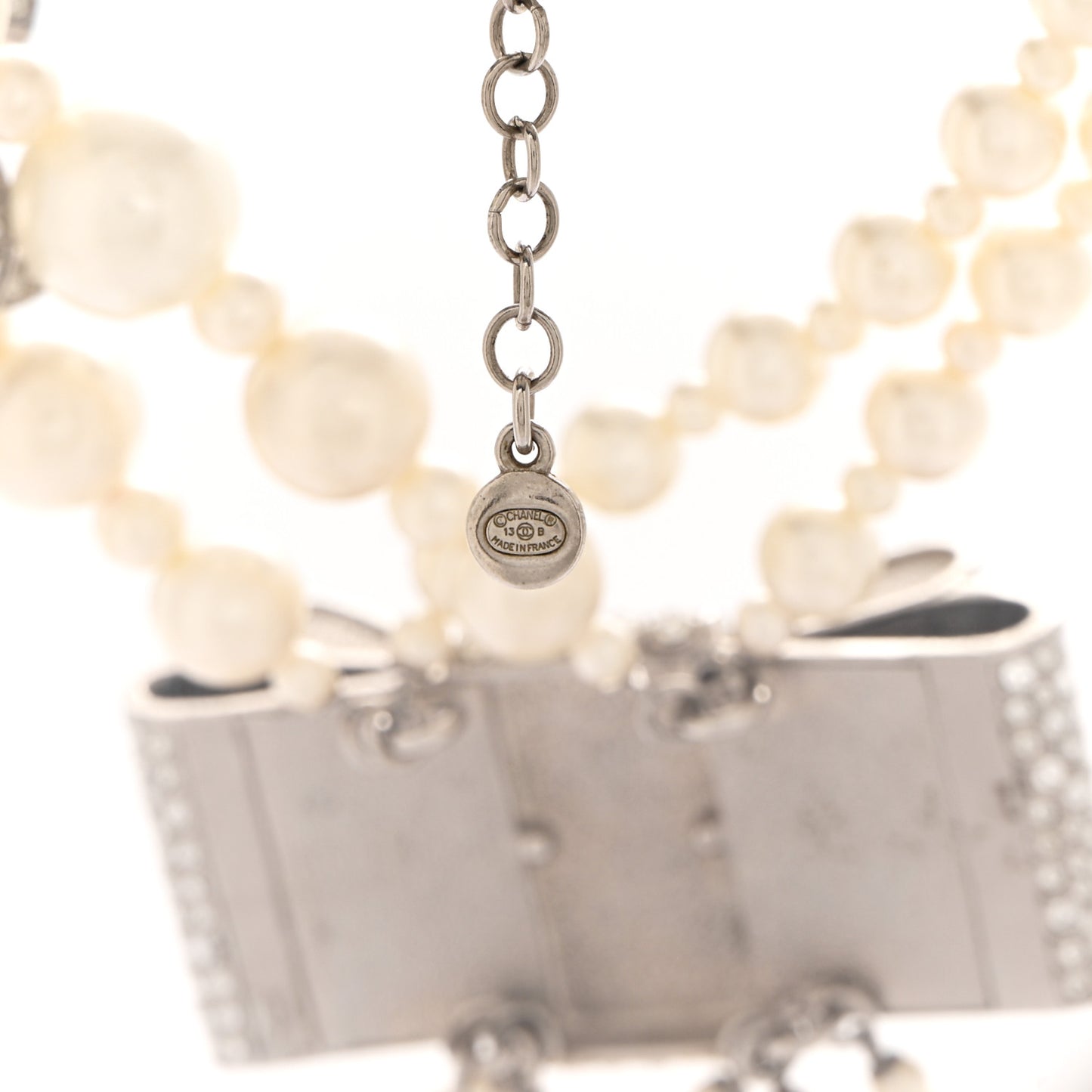 Pearl Crystal CC Bow Lavalier Necklace Silver