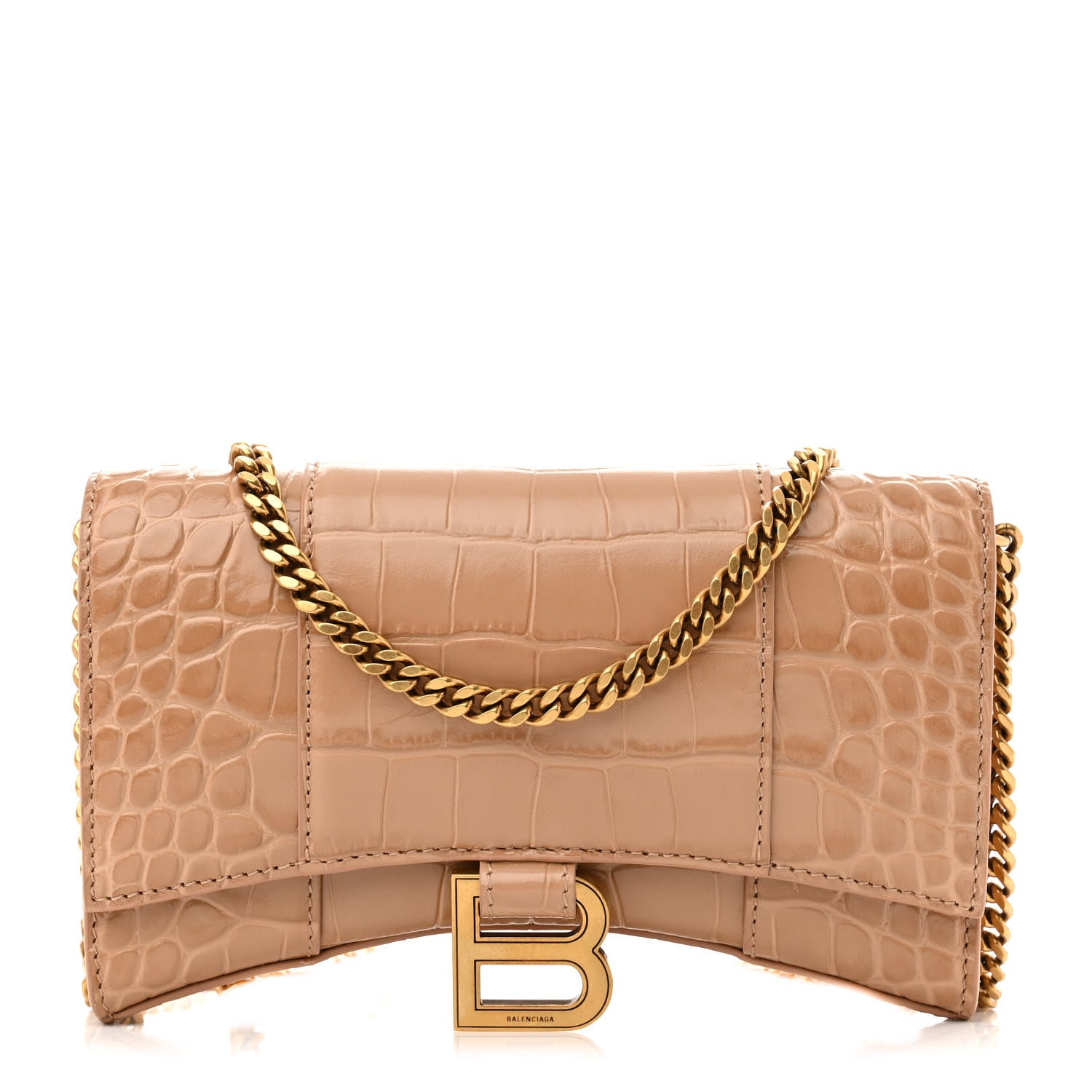 Balenciaga Shiny Calfskin Crocodile Embossed Hourglass Chain Bag Nude Beige 1 of 10