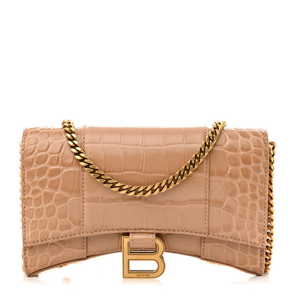Balenciaga Shiny Calfskin Crocodile Embossed Hourglass Chain Bag Nude Beige 1 of 10