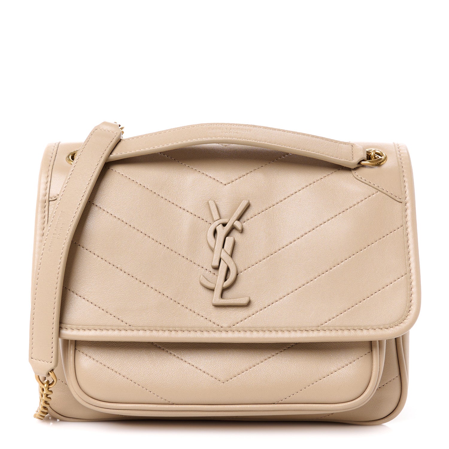 Saint Laurent Lambskin Matelasse Monogram Baby Niki Chain Satchel Dark Beige 1 of 12