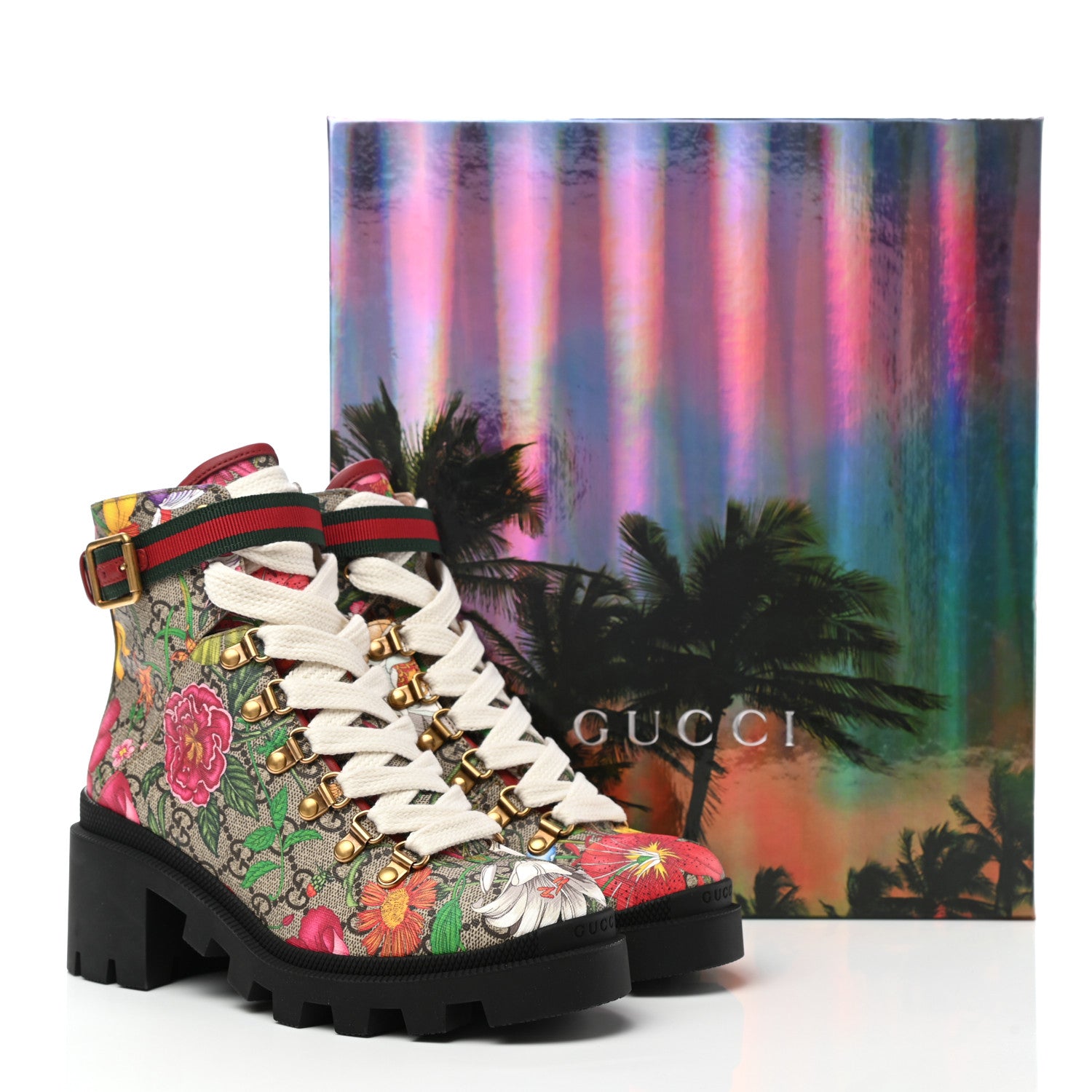 Gucci GG Supreme Monogram Flora Lace Up Combat Ankle Boots 36 Beige Multicolor Red 9 of 9