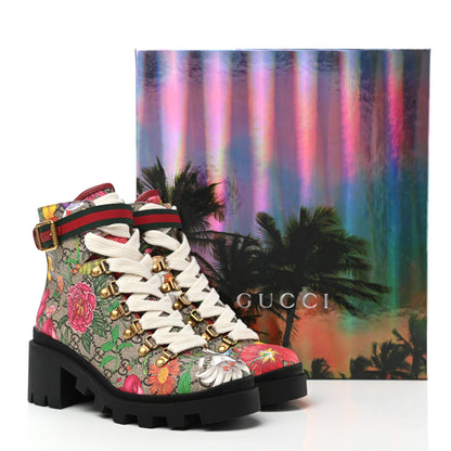 Gucci GG Supreme Monogram Flora Lace Up Combat Ankle Boots 36 Beige Multicolor Red 9 of 9