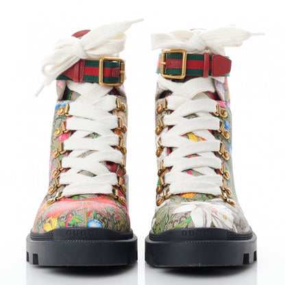 Gucci GG Supreme Monogram Flora Lace Up Combat Ankle Boots 37.5 Beige Multicolor Red 2 of 8