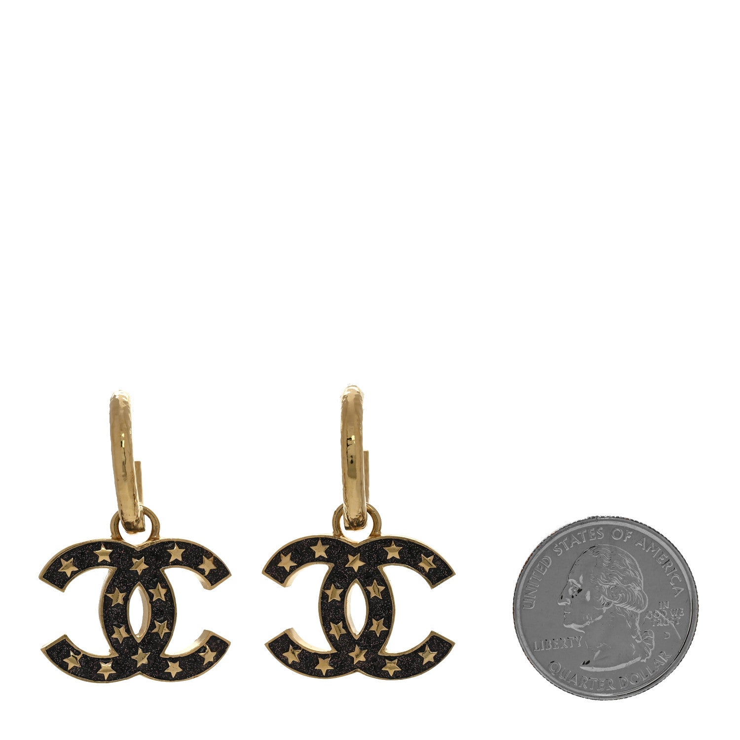 Chanel Metal Glitter Sparkle CC Star Drop Earrings Gold Black 2 of 5