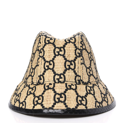Gucci Raffia Elaphe GG Monogram Embroidered Fedora Hat M Ivory Black 3 of 6