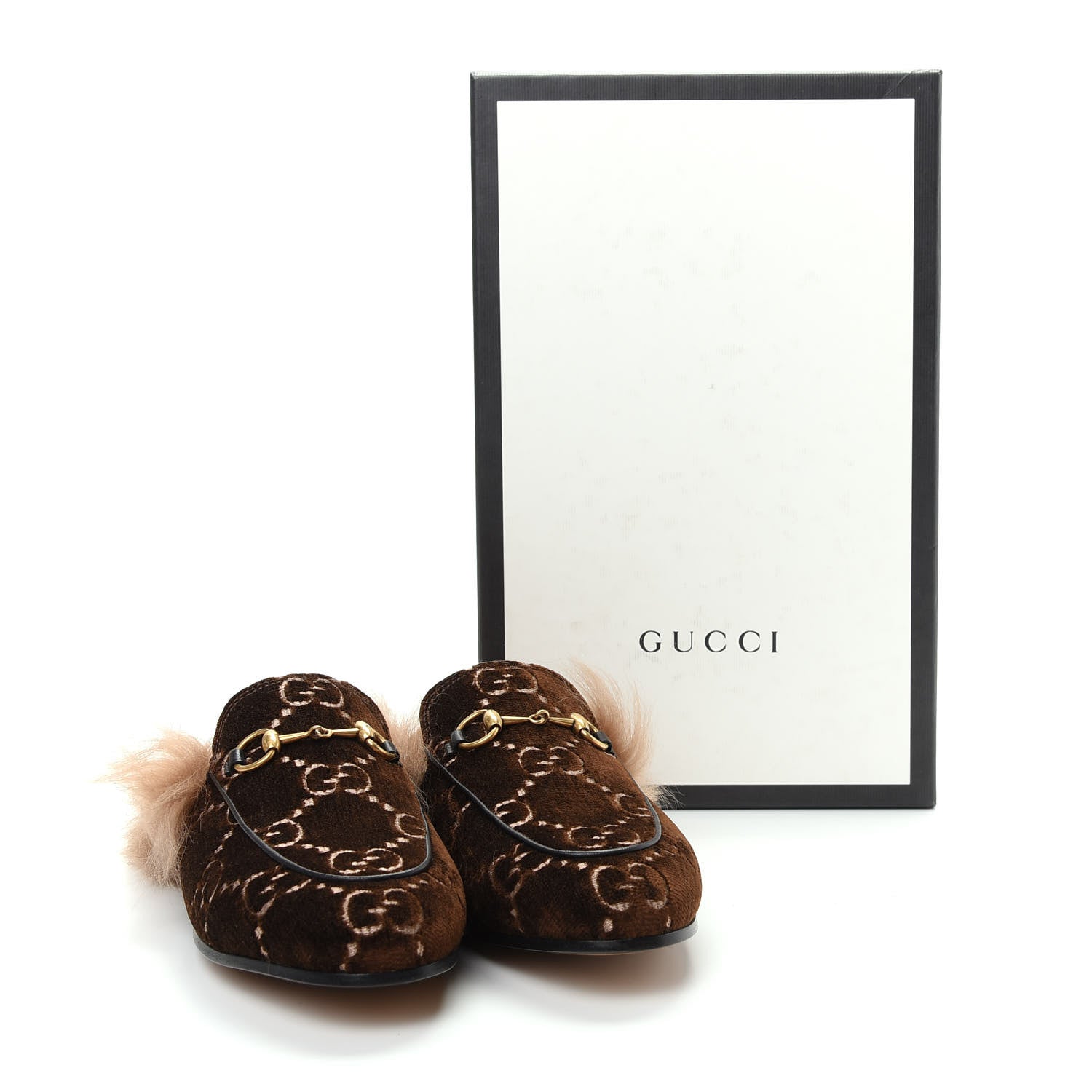 Gucci Velvet GG Monogram Fur Womens Princetown Slippers 37 Brown Black Natural 10 of 10