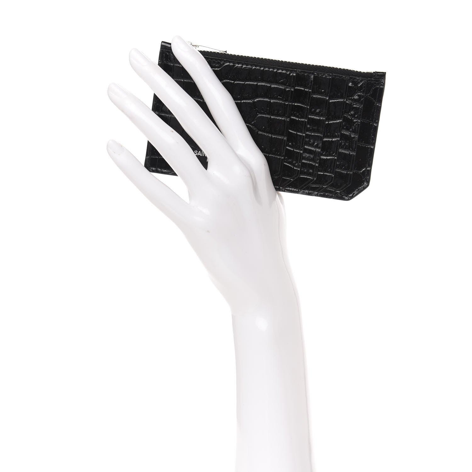 Saint Laurent Calfskin Crocodile Embossed 5 Fragments Zip Pouch Card Holder Black 2 of 8