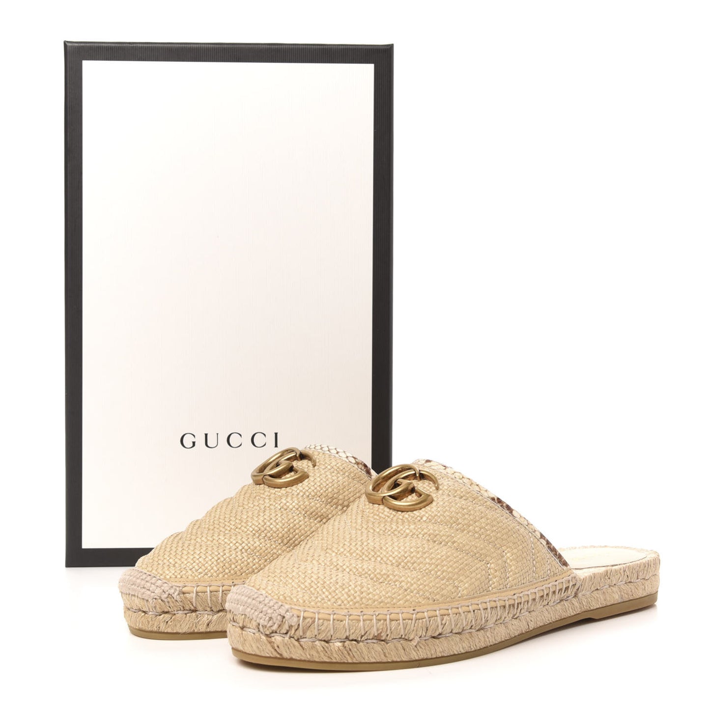Raffia Elaphe Matelasse GG Marmont Espadrille Slippers 39 Natural Cream Brown