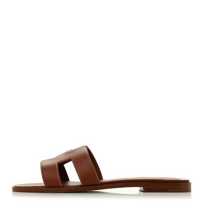 Hermes Box Calfskin Oran Sandals 37.5 Gold 1 of 8