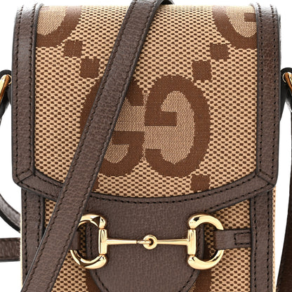 Gucci Monogram Jumbo GG Textured Dollar Calfskin Mini Horsebit 1955 Crossbody Bag Camel Ebony New Acero 8 of 11
