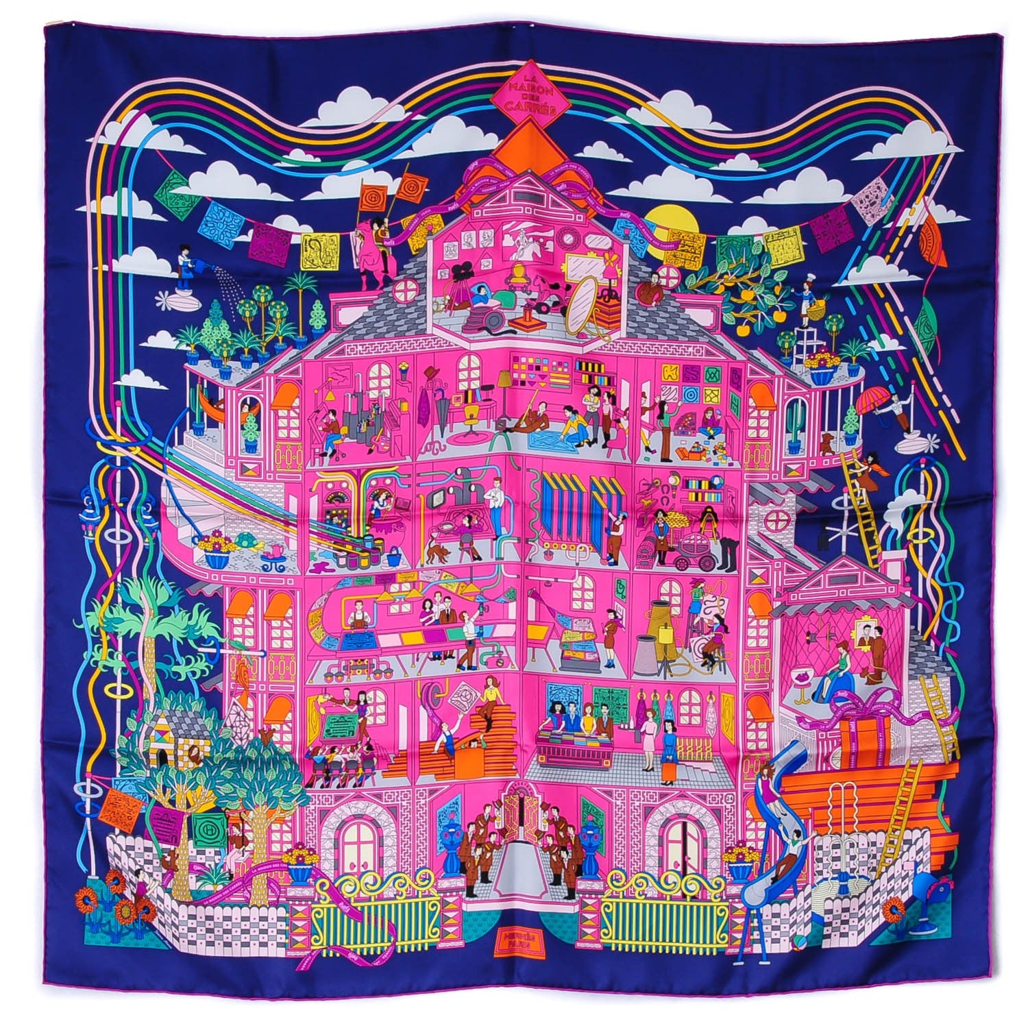 Hermes Silk La Maizeon Des Carres 90 Scarf Bleu Azur Marine Rose Indien 2 of 8