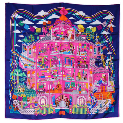 Hermes Silk La Maizeon Des Carres 90 Scarf Bleu Azur Marine Rose Indien 2 of 8
