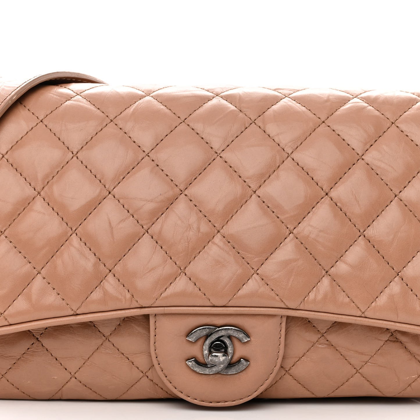 Crumpled Calfskin Quilted Medium Casual Rock Flap Beige
