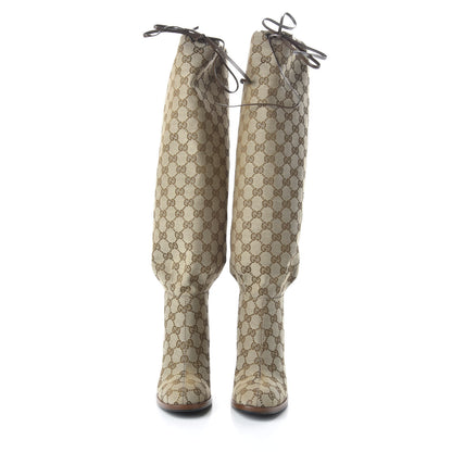 Gucci Monogram Malaga Kid Lisa Mid Heel Boots 36.5 Beige Ebony 2 of 8