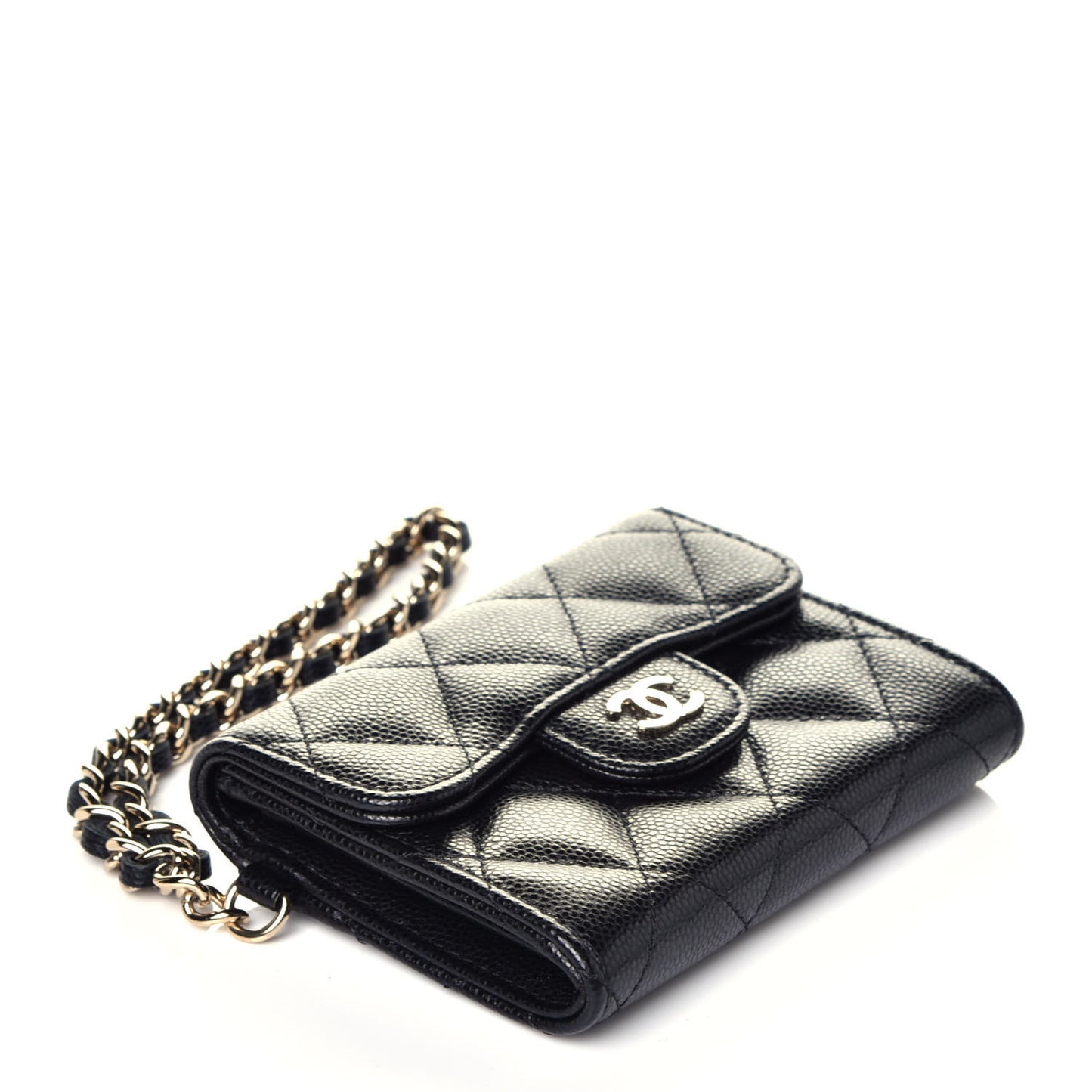 Caviar Quilted Flap Card Holder Chain Wristlet Black