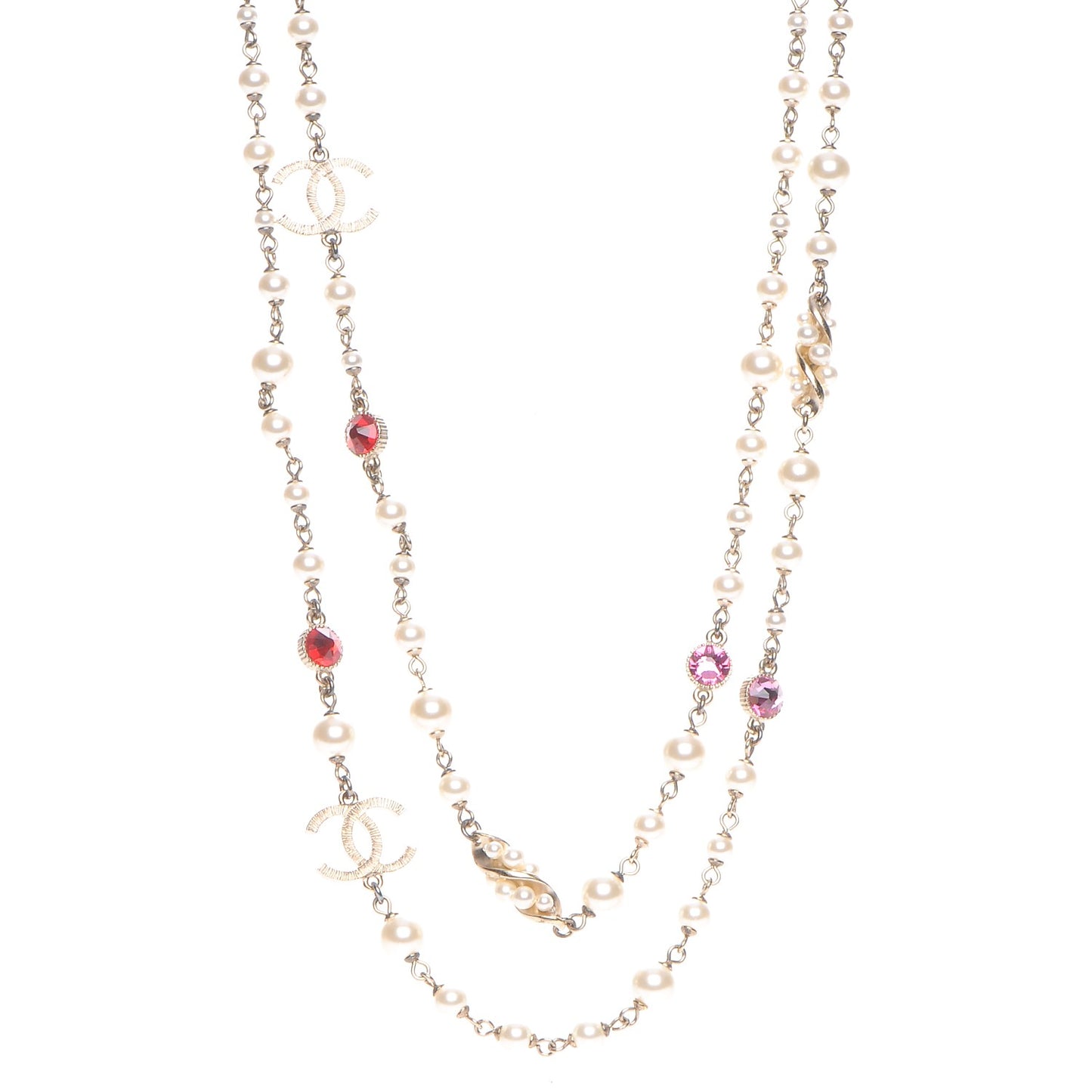 Pearl Bead CC Long Necklace Gold Red Pink