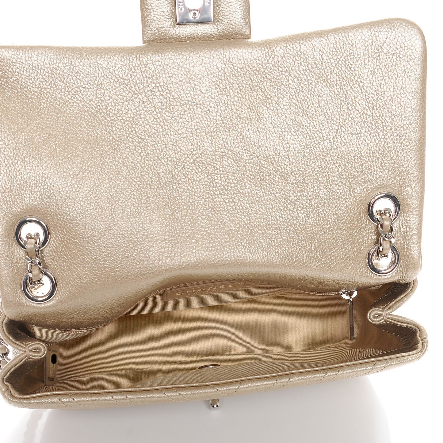 Metallic Calfskin Studded Chevron Quilted Wars Flap Gold