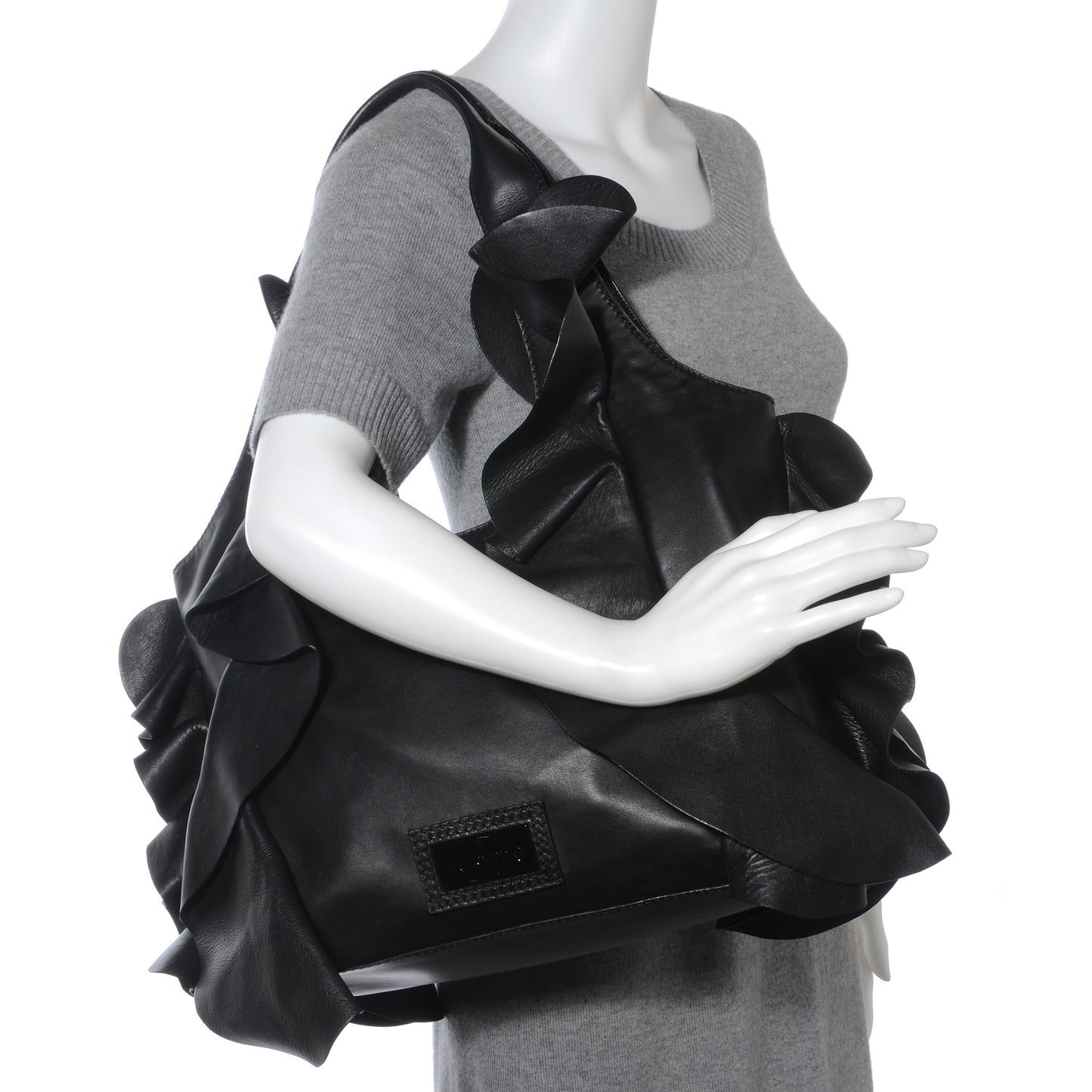 Nappa Leather Ruffled Hobo Black
