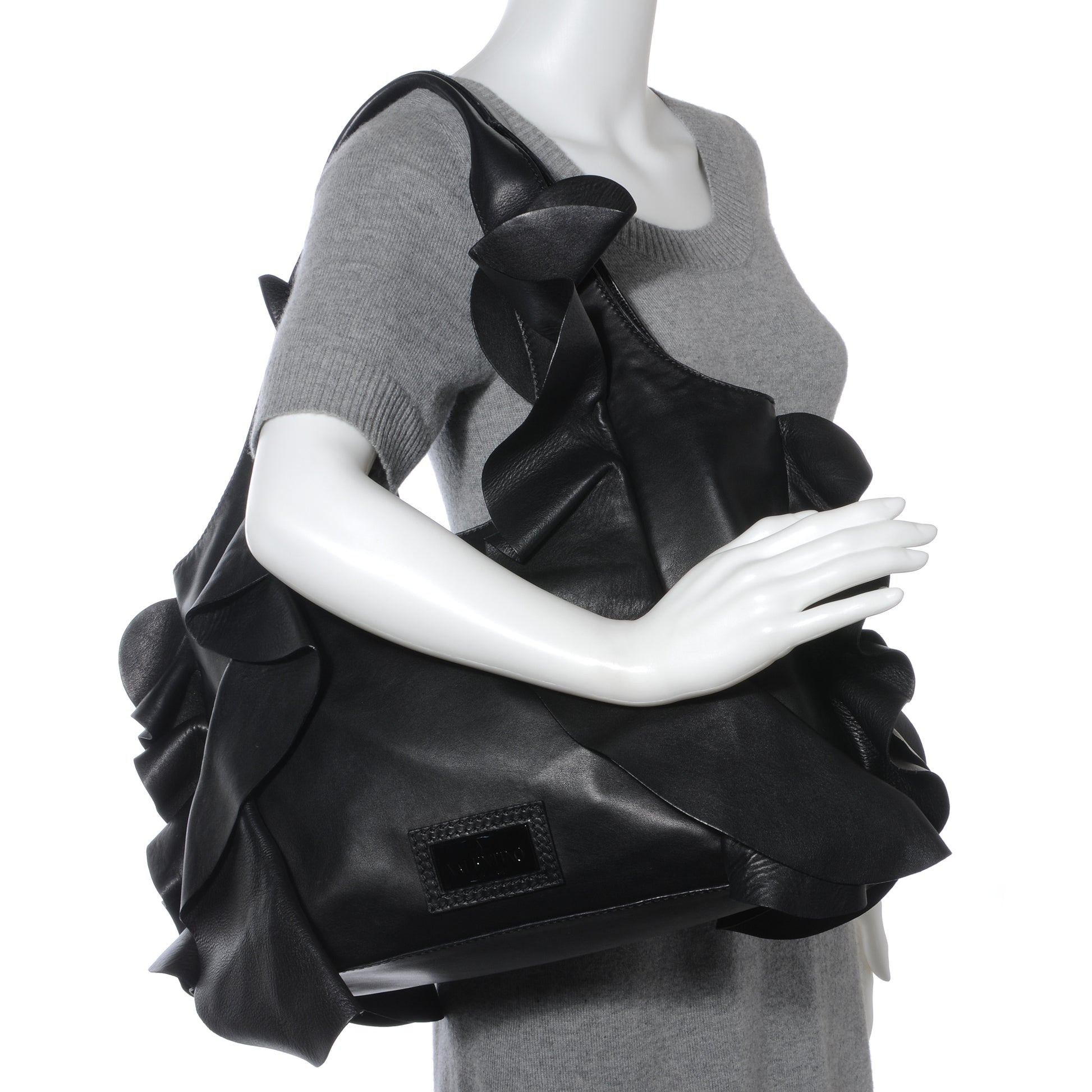 Valentino Garavani Nappa Leather Ruffled Hobo Black 3 of 9