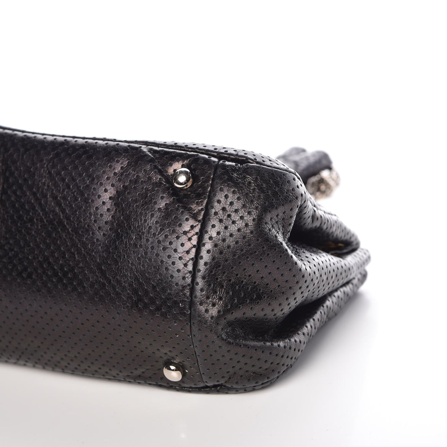 Metallic Calfskin Perforated Drill Accordion Flap Black