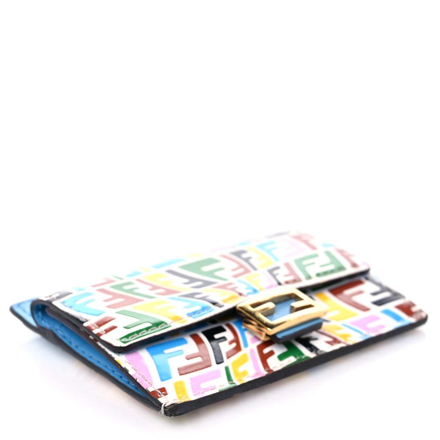 Fendi X SARAH COLEMAN Vitello Liberty Ceylon Micro FF Fish Eye Embossed Fold Over Card Holder Wallet Multicolor Cyber Blue 4 of 12
