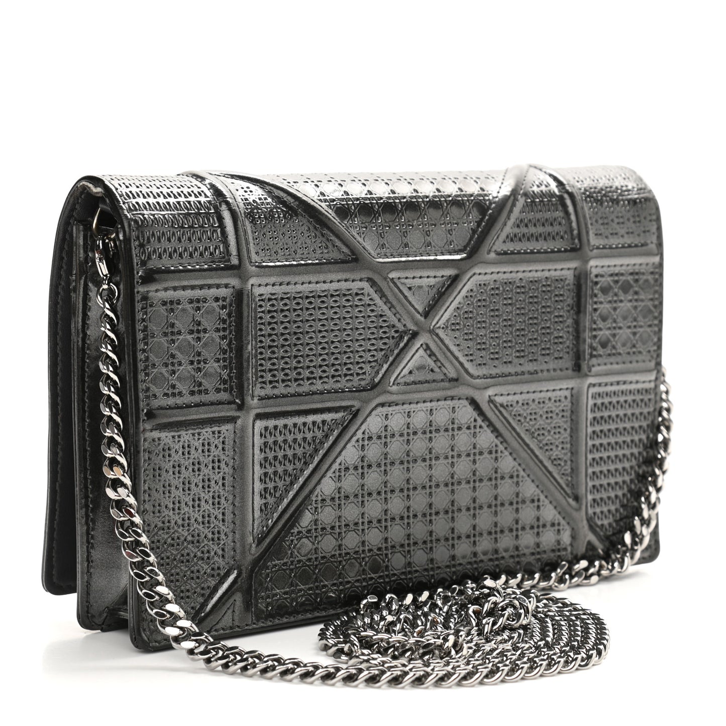 Metallic Patent Micro-Cannage Diorama Wallet on Chain Pouch Black