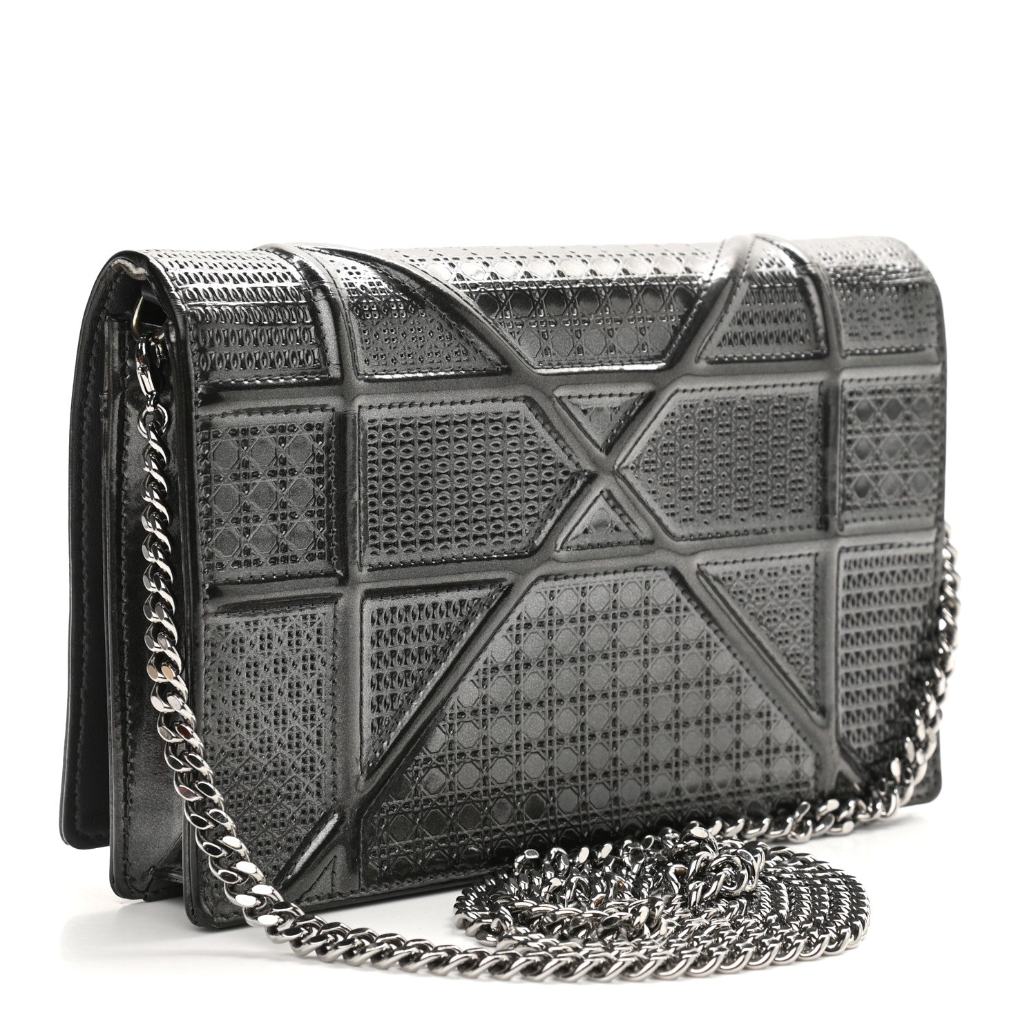 Christian Dior Metallic Patent Micro-Cannage Diorama Wallet on Chain Pouch Black 3 of 10