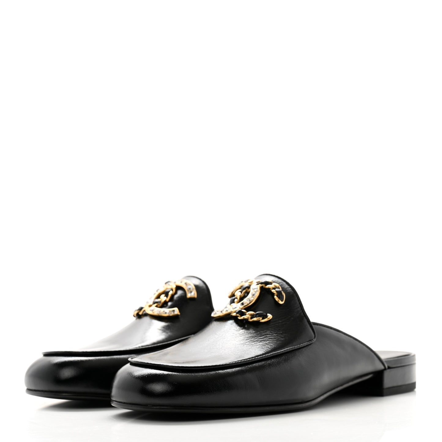 Shiny Calfskin Crystal CC Mules 39.5 Black